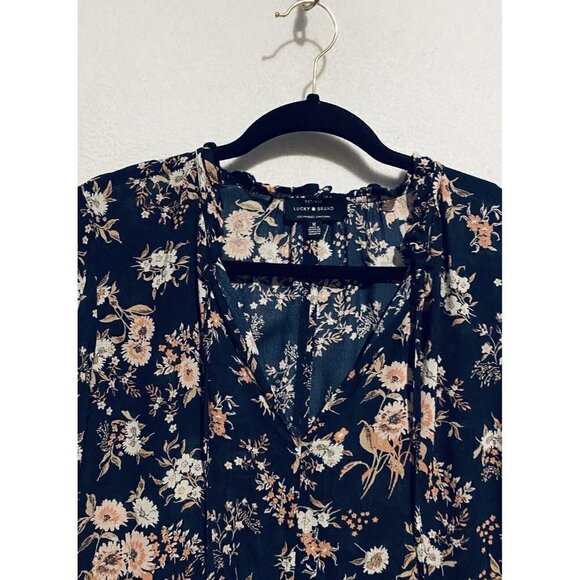 Lucky Brand Top Womens Medium Blue Floral Tie Neck Bell Sleeve Boho Peasant - Picture 2 of 7